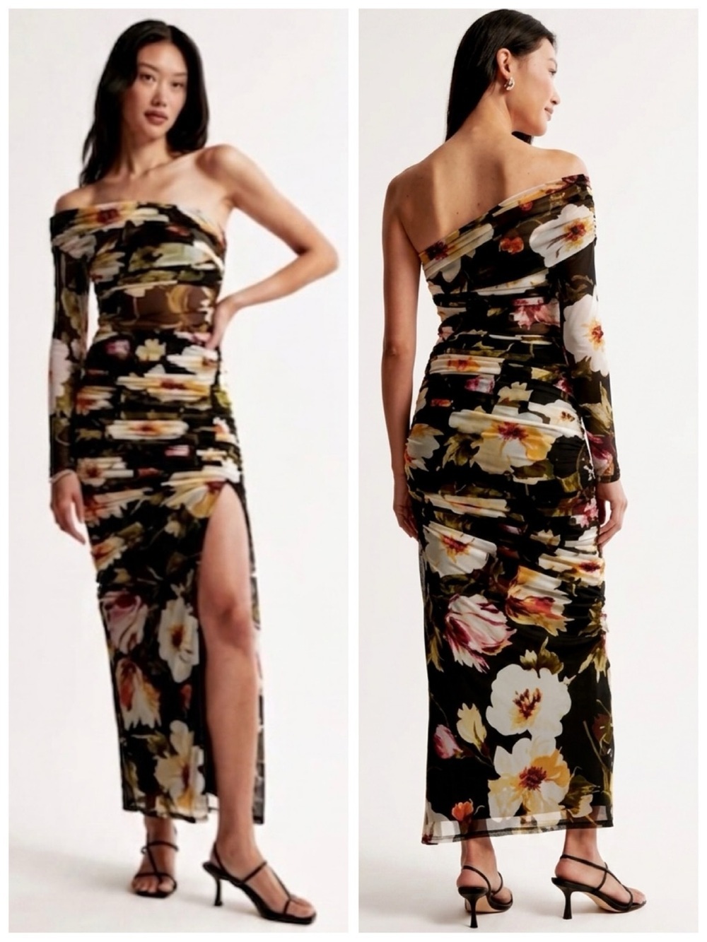 Abercrombie NEW Floral Mesh Ruched Drape 1 Shoulder Sleeve Maxi Dress Slit Boho